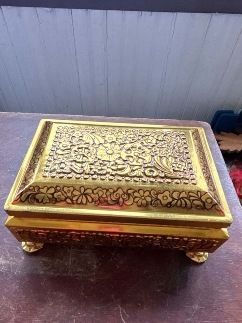 Vintage Fricke & Nacke Gold Floral  Footed Tin Box by Mavis Western Germany